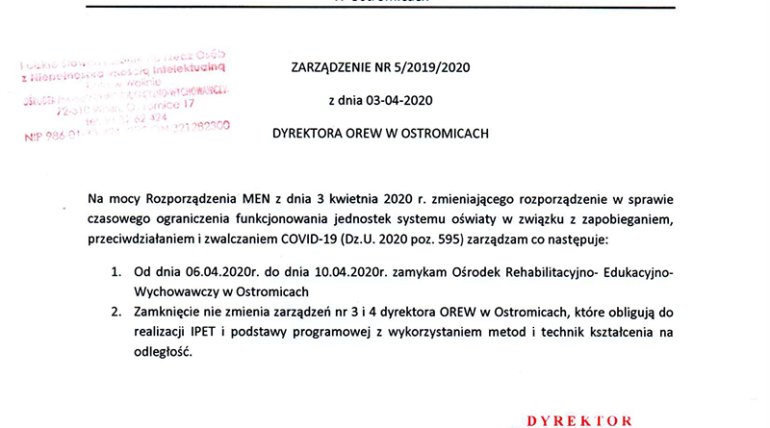 ZARZĄDZENIE NR 5/2019/2020 z dnia 03-04-2020 DYREKTORA OREW W OSTROMICACH