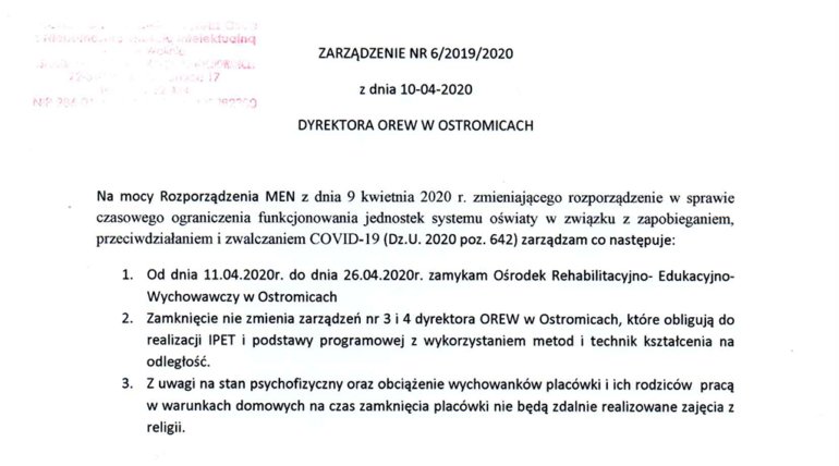 Ośrodek Rehabilitacyjno- ZARZĄDZENIE NR 6/2019/2020 z dnia 10-04-2020 DYREKTORA OREW W OSTROMICACH