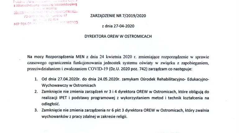 ZARZĄDZENIE NR 7/2019/2020 z dnia 27-04-2020 DYREKTORA OREW W OSTROMICACH