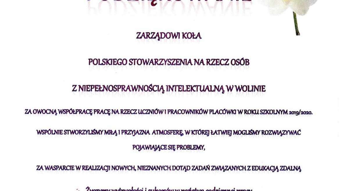 Podziękowanie dla Zarządu PSONI Koło w Wolinie