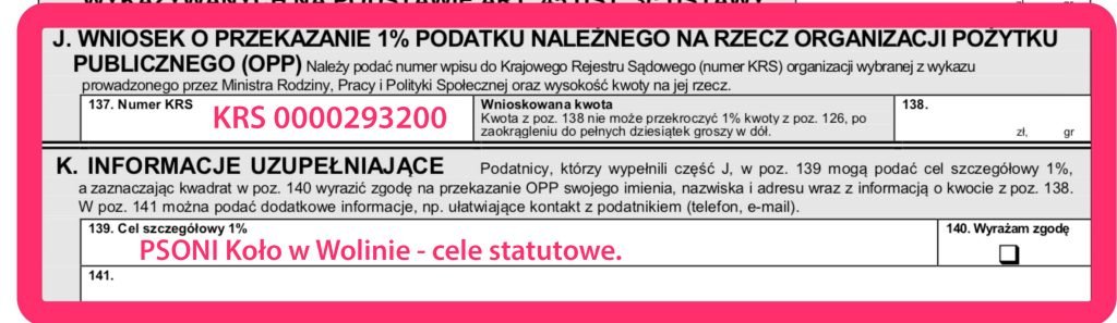 Wypełniony pit zeznania podatkowego - KRS 00000293200 - Cel szczegółowy 1% PSONI Koło w Wolinie - cele statutowe